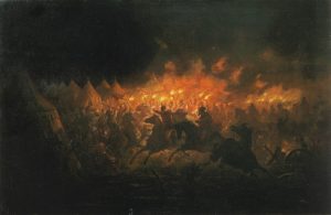 «Битва с факелами». Картина Теодора Амана о ночной атаке Влада на Мехмеда II