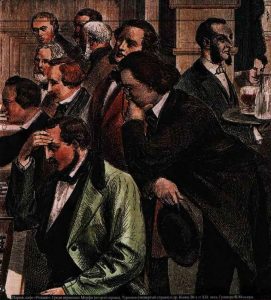 Шахматисты в парижском кафе «Режанс». Вдали 4-й справа –  Иван Тургенев. Гравюра, 1873 г. Фрагмент